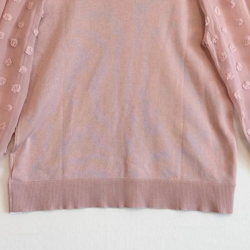 ADRIANNA PAPELL Swiss Dot Sheer Sleeve Sweater Women's Size L Dusty Pink - Picture 7 of 12